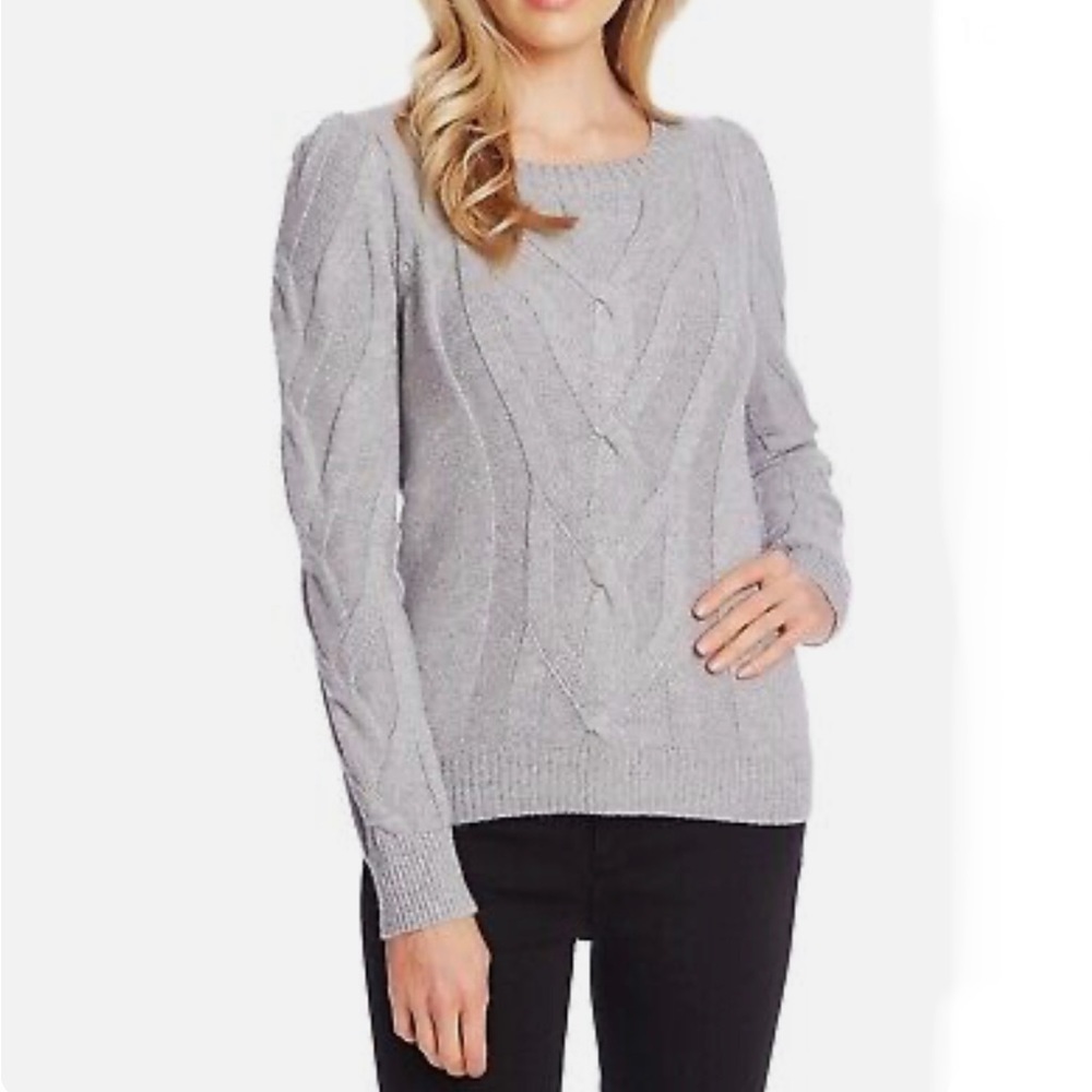 CECE Heather Grey Cable Knit Crewneck Sweate